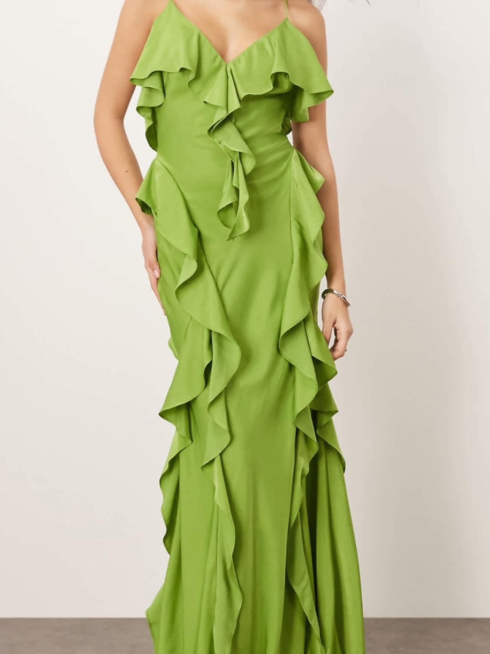 ARRANGE ruffle maxi slip dress with bias skirt green